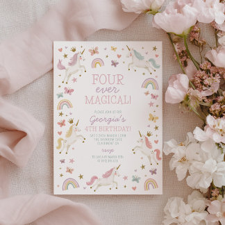 Four Ever Magical Rainbow Unicorn Girls Birthday Invitation