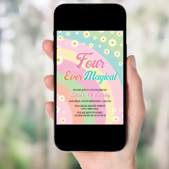 Four Ever Magical Retro Unicorn Rainbow Invitation (Front Digital)