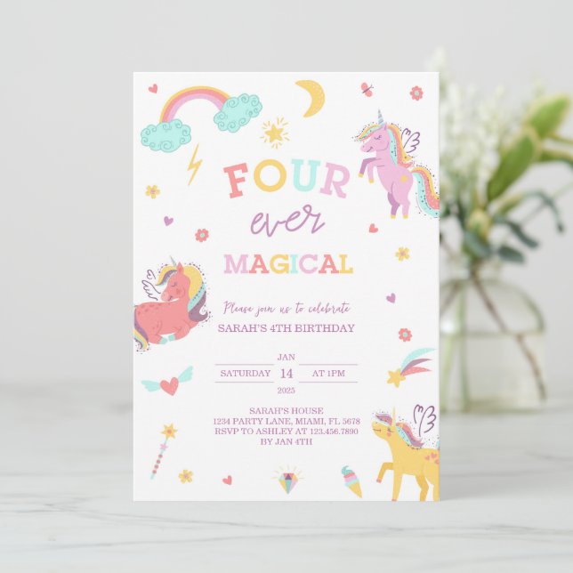 Four Ever Magical Unicorn 4th Birthday  Invitation (Standing Front)