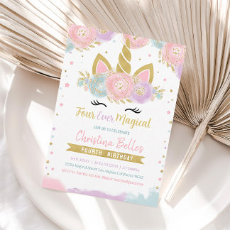 Four Ever Magical Unicorn 4th Birthday Invitation