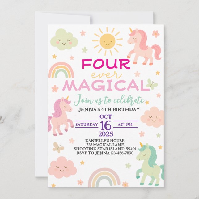 Four Ever Magical Unicorn 4th Birthday Invitation (Front)