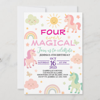 Four Ever Magical Unicorn 4th Birthday Invitation