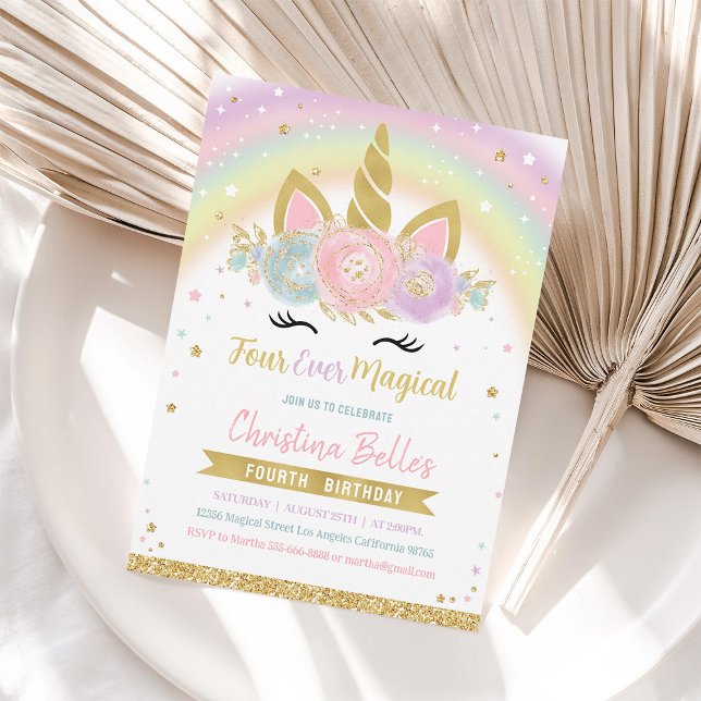 Four Ever Magical Unicorn 4th Birthday Invite (Creator Uploaded)
