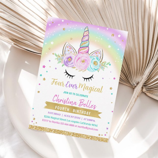 Four Ever Magical Unicorn 4th Birthday Invite (Creator Uploaded)