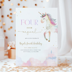 Four Ever Magical Unicorn 4th Birthday Party Invitation