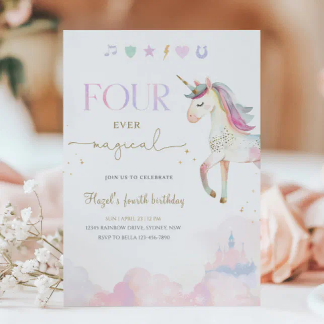 Four Ever Magical Unicorn 4th Birthday Party Invitation | Zazzle