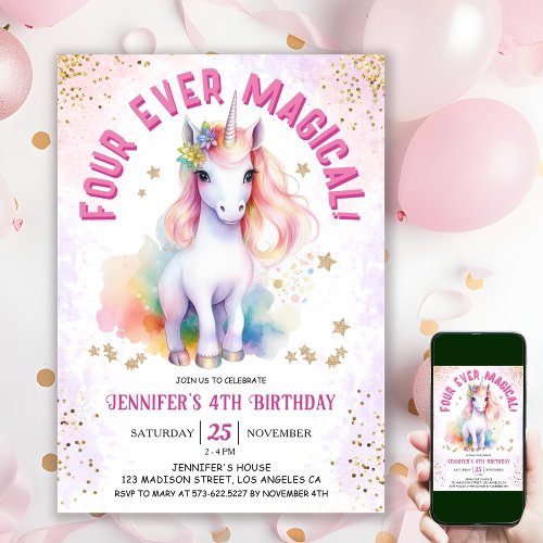 Four Ever Magical  Unicorn 4th Birthday Party Invitation