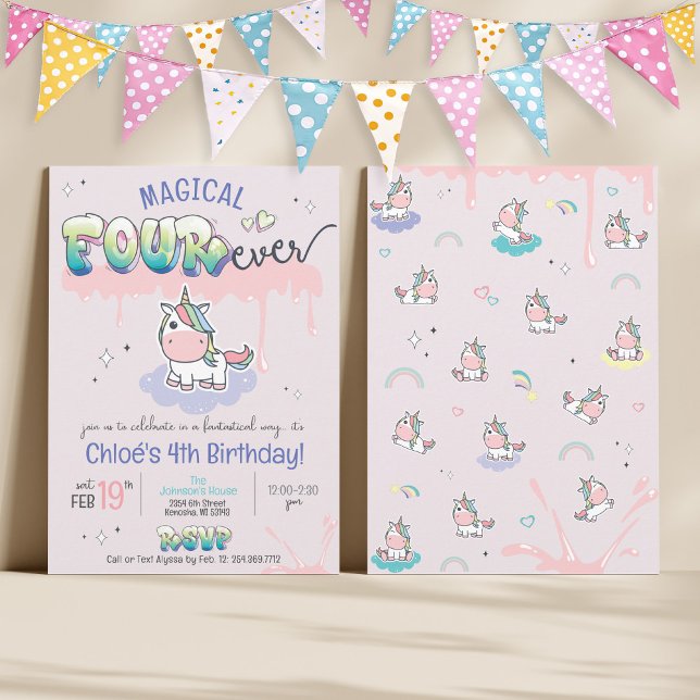 FOUR ever Magical Unicorn Cute Girl 4th Birthday Invitation (Magical Forever cute girly kawaii unicorn rainbow pink purple graffiti magic 4th birthday invitation)
