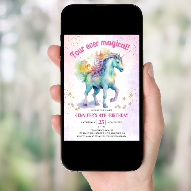 Four Ever Magical | Unicorn Glitter 4th Birthday  Invitation (Front Digital)