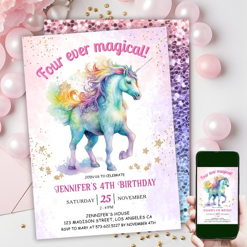 Four Ever Magical  Unicorn Glitter 4th Birthday  Invitation