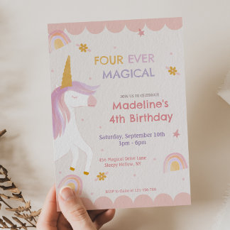 Four Ever Magical Unicorn Pink Girl Birthday Invitation