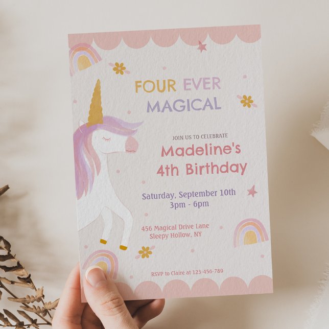 Four Ever Magical Unicorn Pink Girl Birthday Invitation (Creator Uploaded)