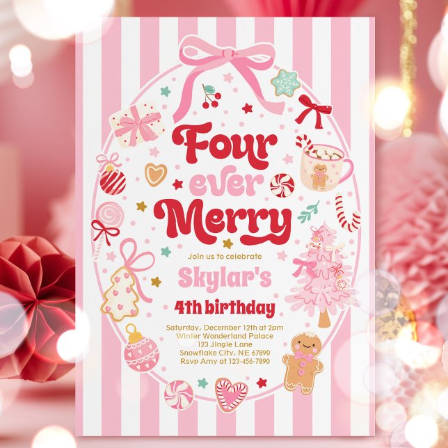 Four Ever Merry Christmas Bow 4th Birthday Invitation (Creator Uploaded)