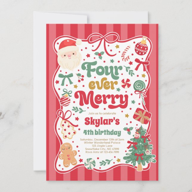 Four Ever Merry Christmas Bow 4th Birthday Invitation (Front)