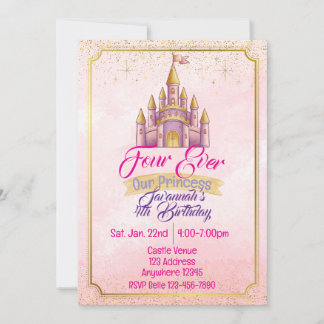 Four Ever Our Princess Purple Gold Castle Birthday Invitation
