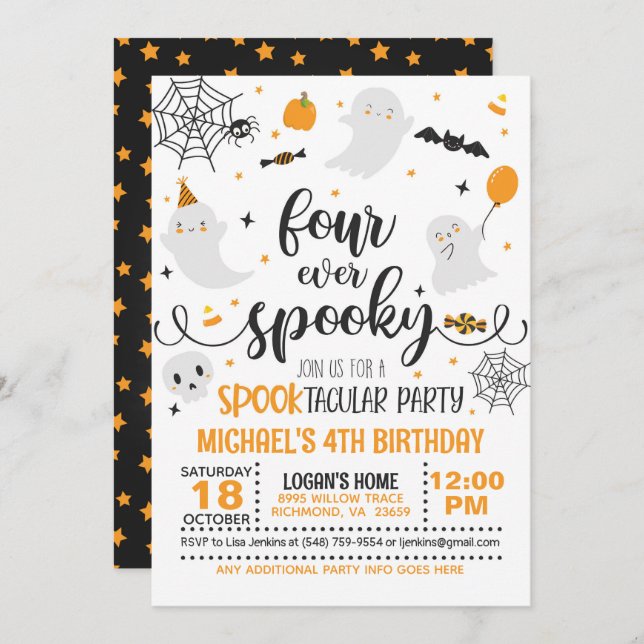 Four Ever Spooky Birthday Invitation - Blk/Orange (Front/Back)