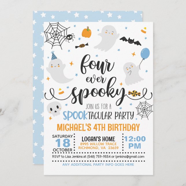 Four Ever Spooky Birthday Invitation - Blue/Wh (Front/Back)