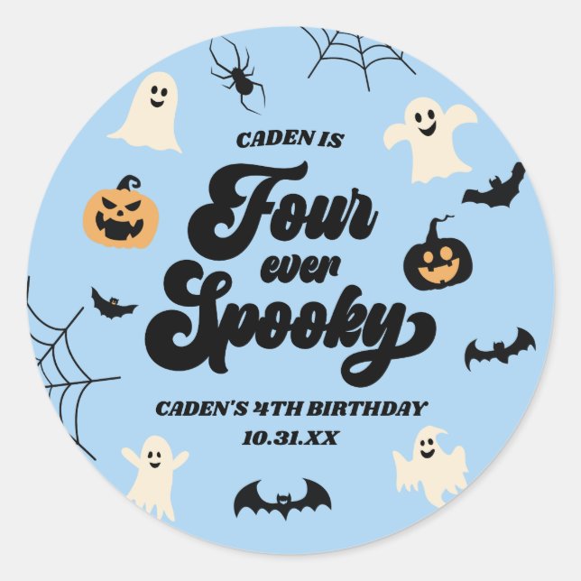 Four Ever Spooky Blue Halloween 4th Birthday Party Classic Round Sticker (Front)