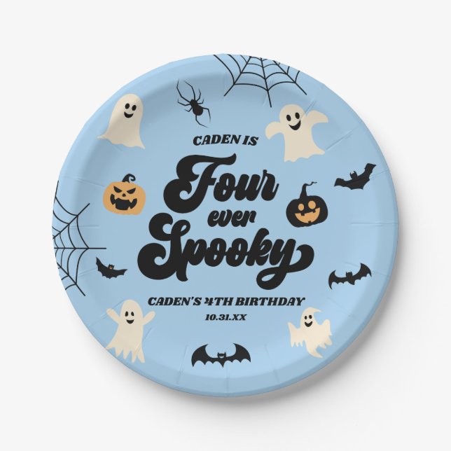 Four Ever Spooky Blue Halloween 4th Birthday Party Paper Plates (Front)