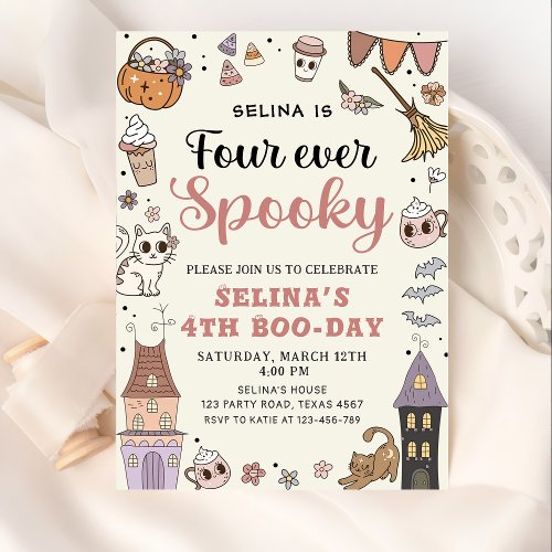 Four Ever Spooky Cute Ghost Halloween Birthday   Invitation