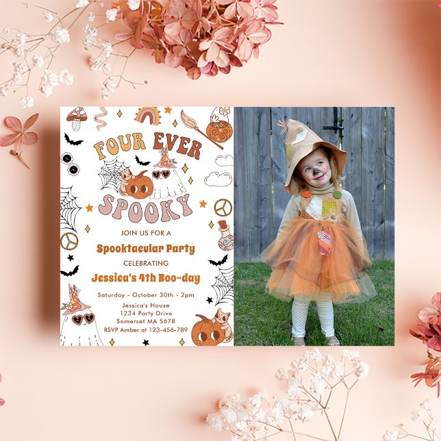 Four Ever Spooky Cute Groovy Halloween Birthday  Invitation (Creator Uploaded)