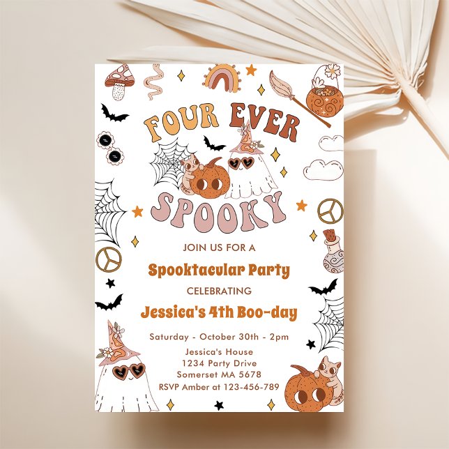 Four Ever Spooky Cute Groovy Halloween Birthday Invitation (Creator Uploaded)