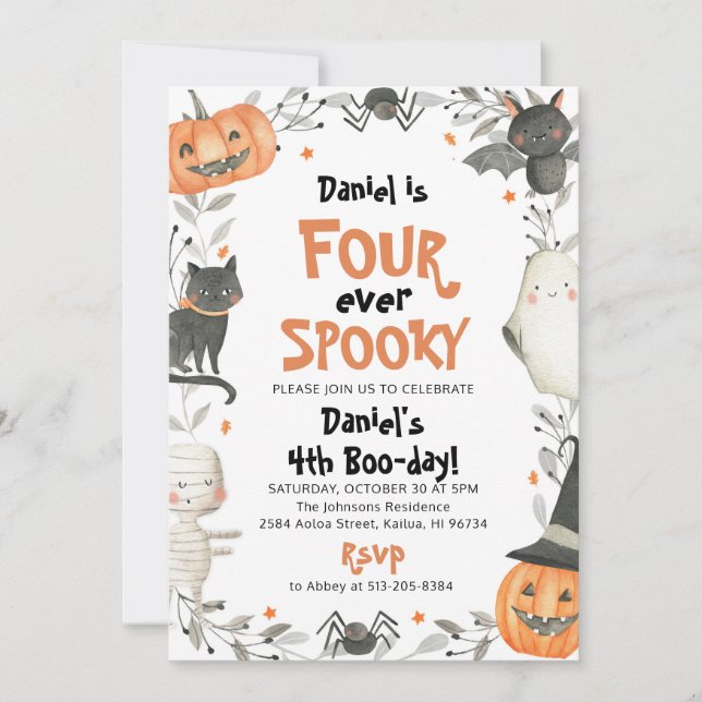 Four Ever Spooky Cute Halloween Ghost 4th Birthday Invitation (Front)