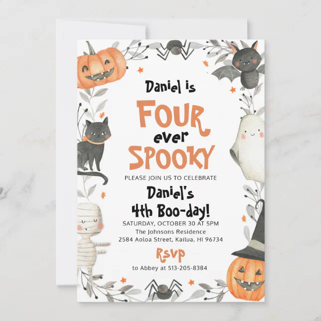 Four Ever Spooky Cute Halloween Ghost 4th Birthday Invitation | Zazzle