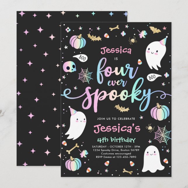 Four Ever Spooky Cute Halloween Ghost 4th Birthday Invitation (Front/Back)