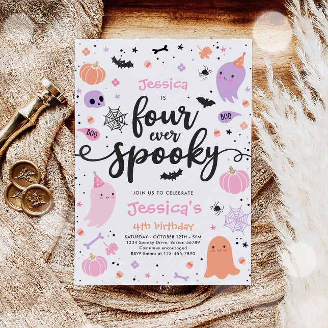 Four Ever Spooky Cute Halloween Ghost 4th Birthday Invitation (Creator Uploaded)