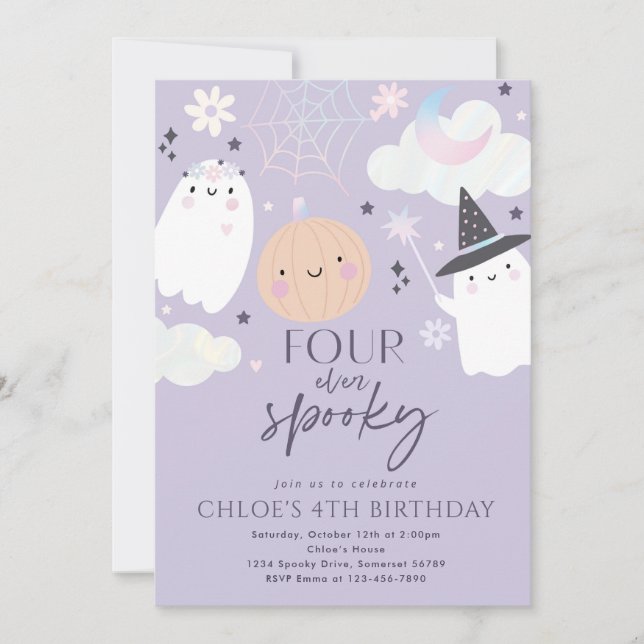 Four Ever Spooky Cute Halloween Ghost 4th Birthday Invitation (Front)