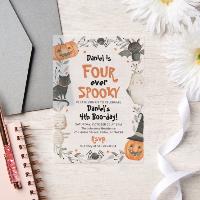 Four Ever Spooky Cute Halloween Ghost 4th Birthday Vellum Invitations (Wedding)
