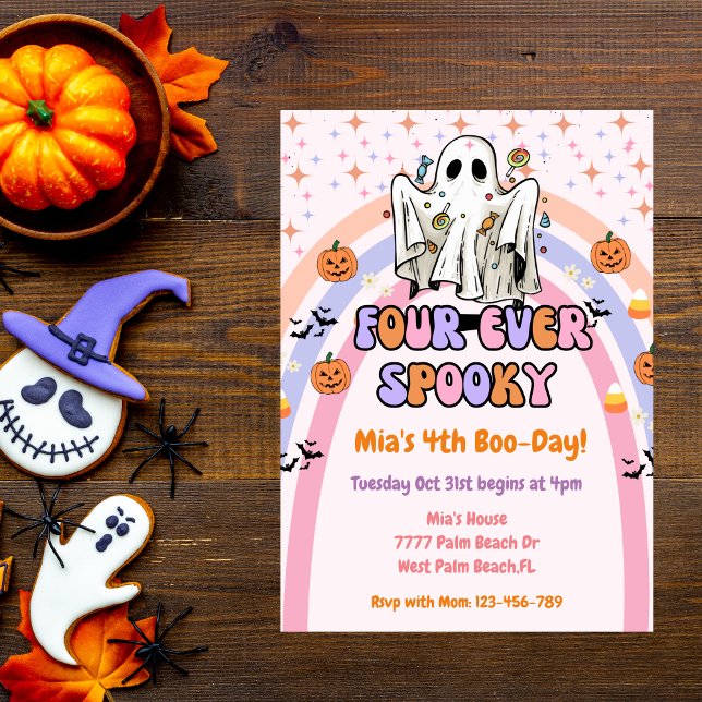 Four Ever Spooky Ghost Halloween 4th Birthday  Invitation (Creator Uploaded)
