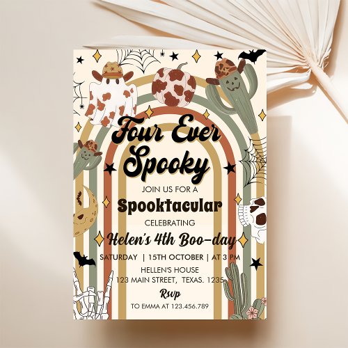 Four Ever Spooky Groovy  Cactus Halloween Birthday Invitation