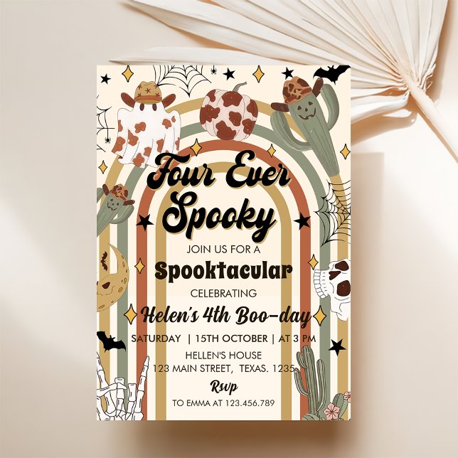 Four Ever Spooky Groovy  Cactus Halloween Birthday Invitation (Creator Uploaded)