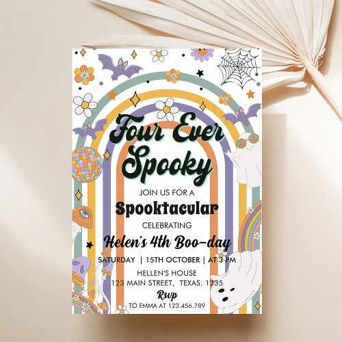 Four Ever Spooky Groovy Rainbow Halloween Birthday Invitation