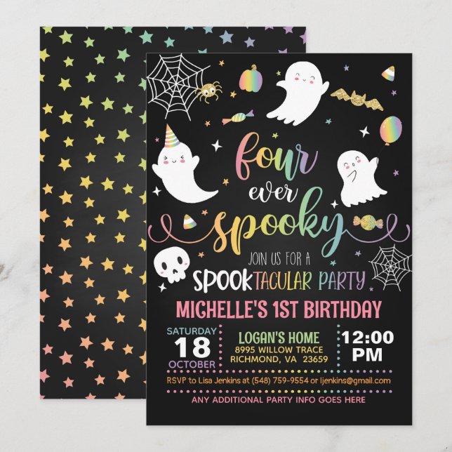 Four Ever Spooky Invitation - Girl (Blk/Pastel) (Front/Back)