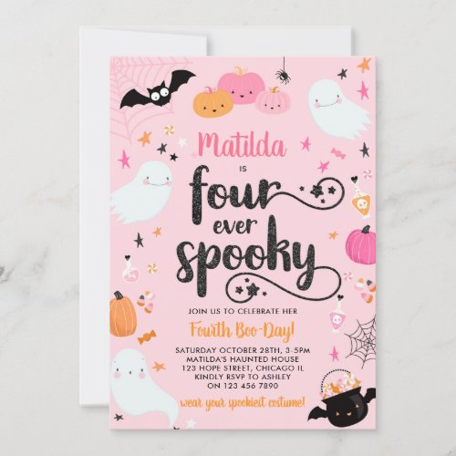 Four Ever Spooky Pink Halloween 4th Birthday Party Invitation