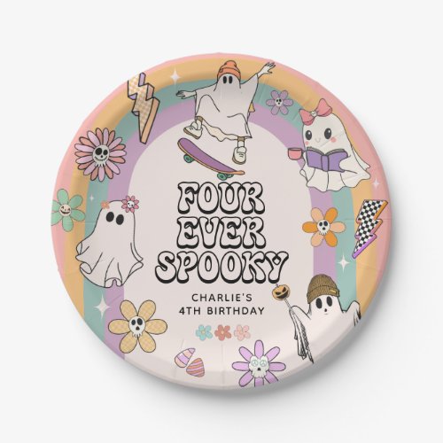 Four Ever Spooky Retro Halloween 4th Birthday Paper Plates