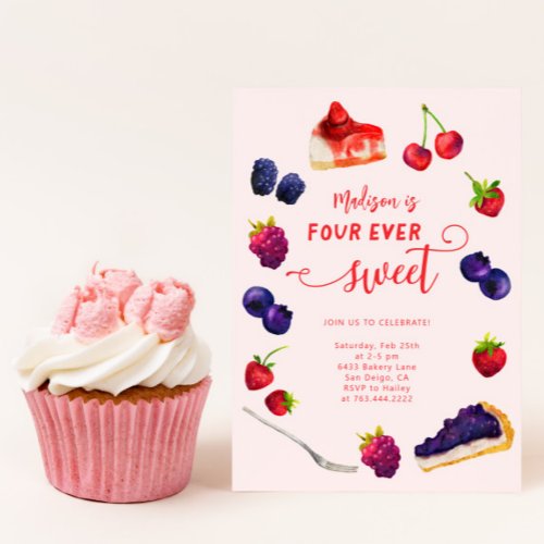 Four Ever Sweet Berries and Cakes Birthday Invitation