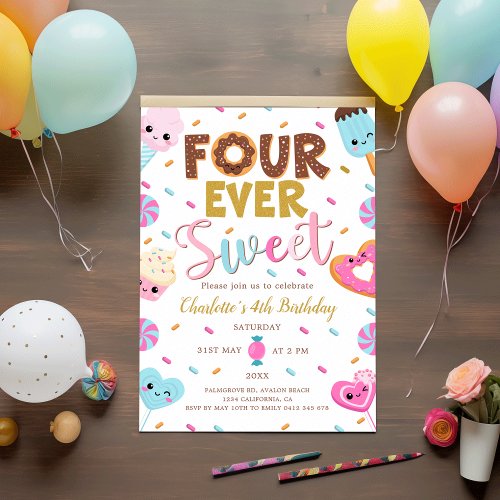 Four Ever Sweet Birthday Donut Candy 4th Birthday  Invitation