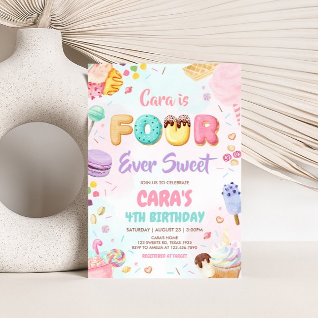 Four Ever Sweet Birthday Party Invitation (Pastel Four Ever Sweet Birthday Party Invitation)