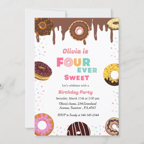 Four ever sweet birthday sweet 4Th donut theme  Invitation