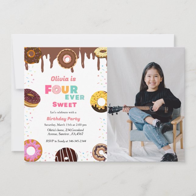 Four ever sweet birthday, sweet 4Th donut theme  Invitation (Front)