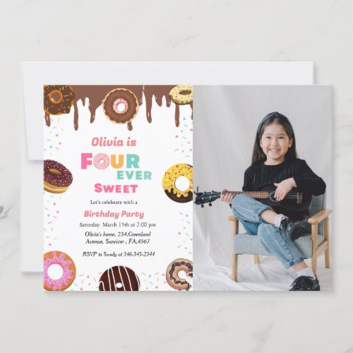 Four ever sweet birthday sweet 4Th donut theme  Invitation