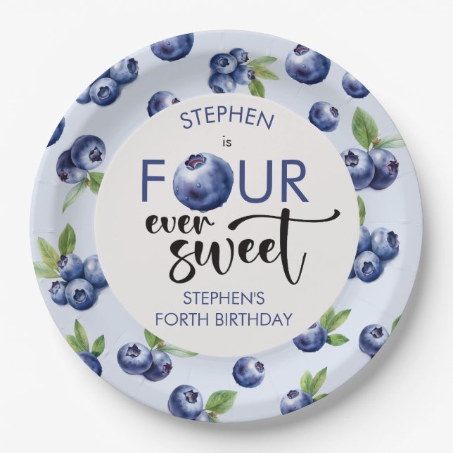 Four ever sweet blueberries kids birthday paper plates (Front)