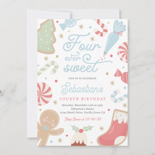 Four Ever Sweet Christmas Cookie 4th Birthday Invitation (Front)