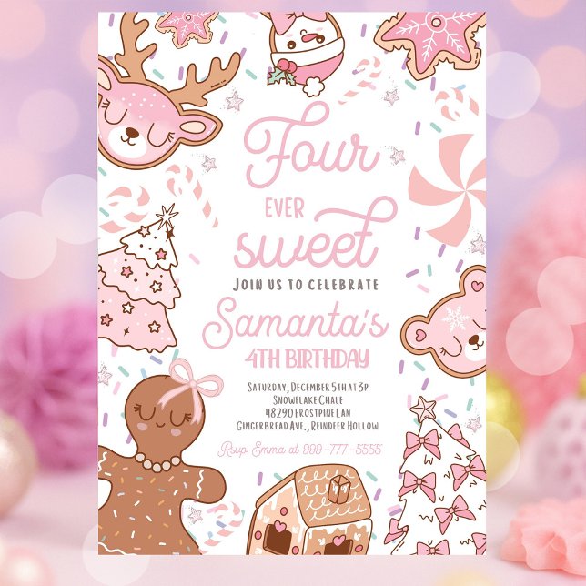 Four Ever Sweet Christmas Cookie Birthday Party Invitation (Four Ever Sweet themed Christmas cookie birthday party with festive décor, dessert table, and sweet )