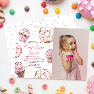Four Ever Sweet Cupcake & Donuts 4th Birthday Invitation