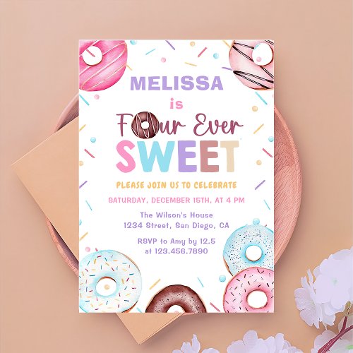 Four Ever Sweet Donut 4th Birthday Invitation